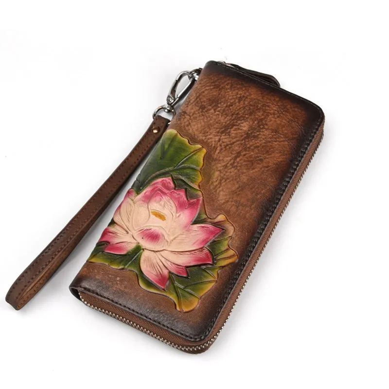 Womens Lotus Flower Black Leather Zip Around Wallet Wristlet Wallet Flower Ladies Zipper Clutch Wallet for Women
