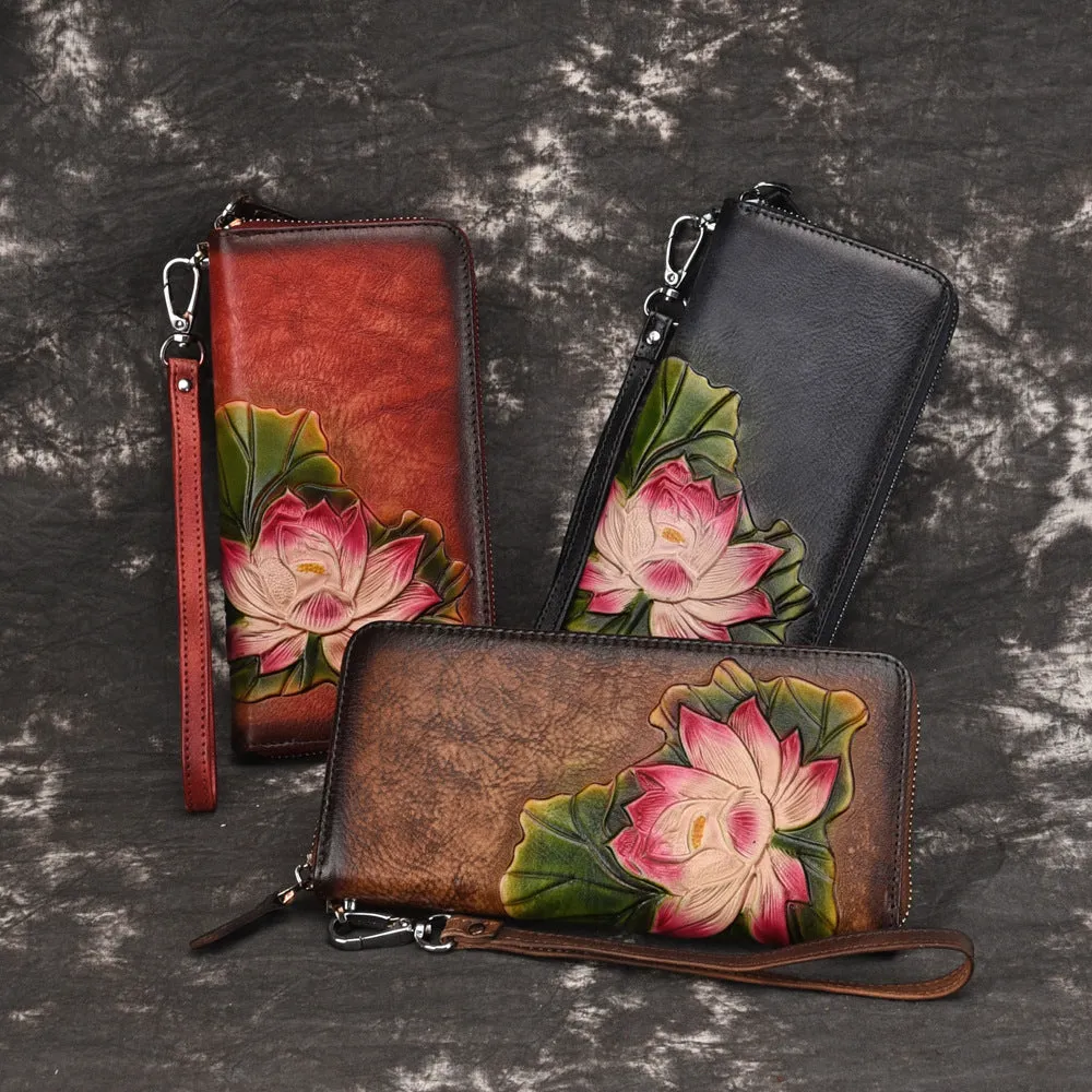 Womens Lotus Flower Black Leather Zip Around Wallet Wristlet Wallet Flower Ladies Zipper Clutch Wallet for Women