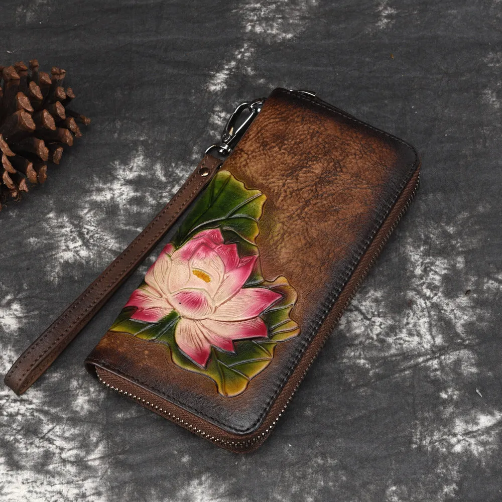 Womens Lotus Flower Black Leather Zip Around Wallet Wristlet Wallet Flower Ladies Zipper Clutch Wallet for Women