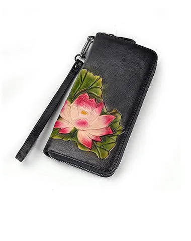 Womens Lotus Flower Brown Leather Zip Around Wallet Wristlet Wallet Flower Ladies Zipper Clutch Wallet for Women