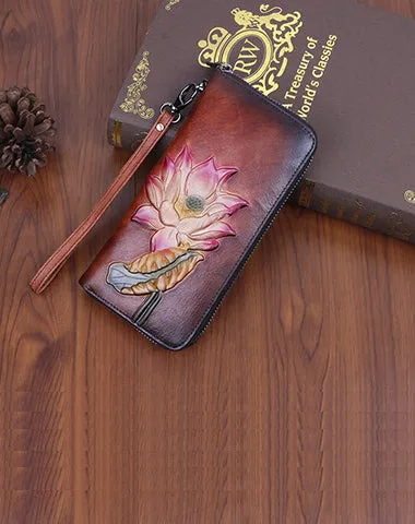 Womens Lotus Flower Green Leather Wristlet Wallets Zip Around Wallet Flower Ladies Zipper Clutch Wallet for Women