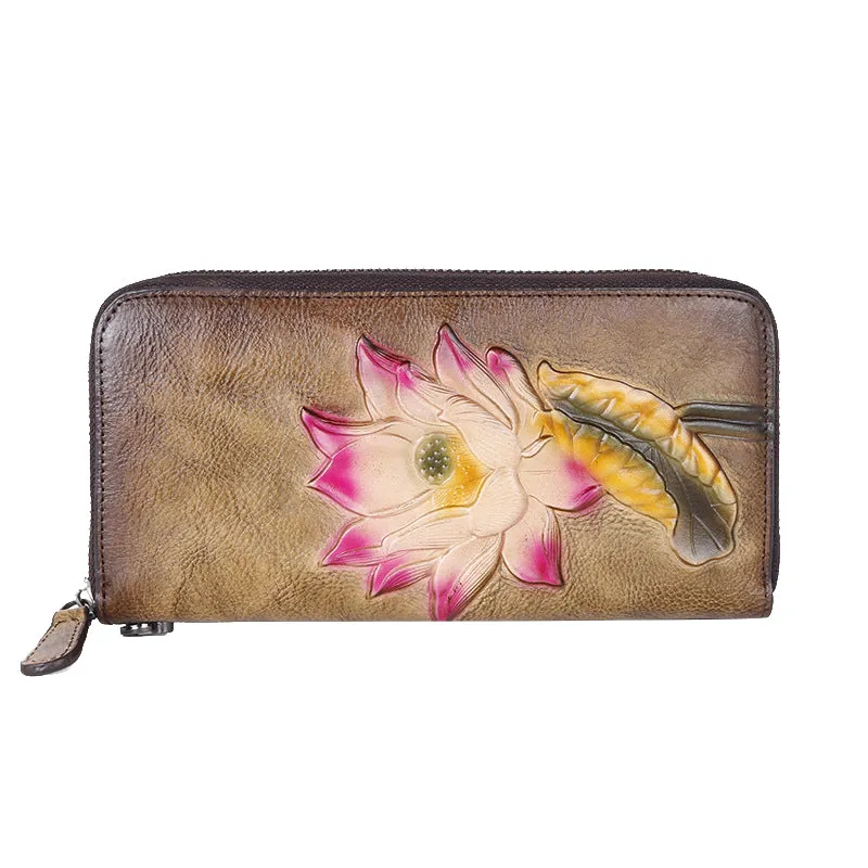 Womens Lotus Flower Green Leather Wristlet Wallets Zip Around Wallet Flower Ladies Zipper Clutch Wallet for Women