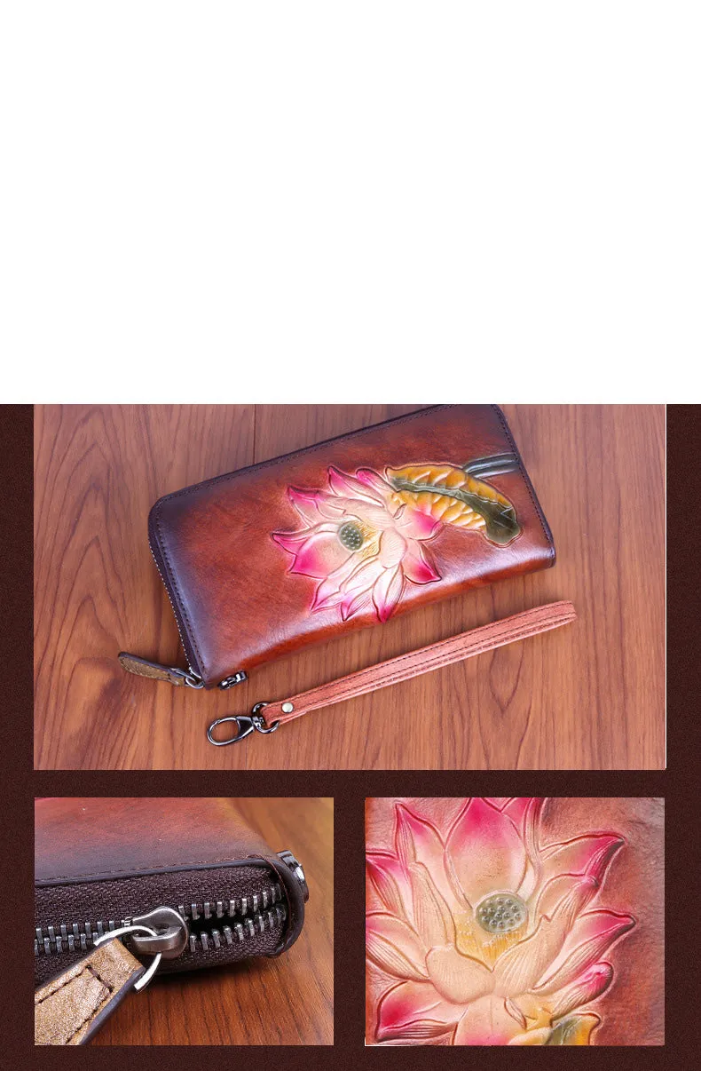 Womens Lotus Flower Green Leather Wristlet Wallets Zip Around Wallet Flower Ladies Zipper Clutch Wallet for Women