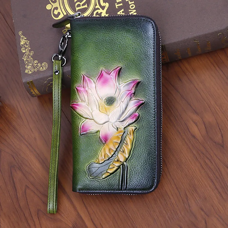 Womens Lotus Flower Green Leather Wristlet Wallets Zip Around Wallet Flower Ladies Zipper Clutch Wallet for Women