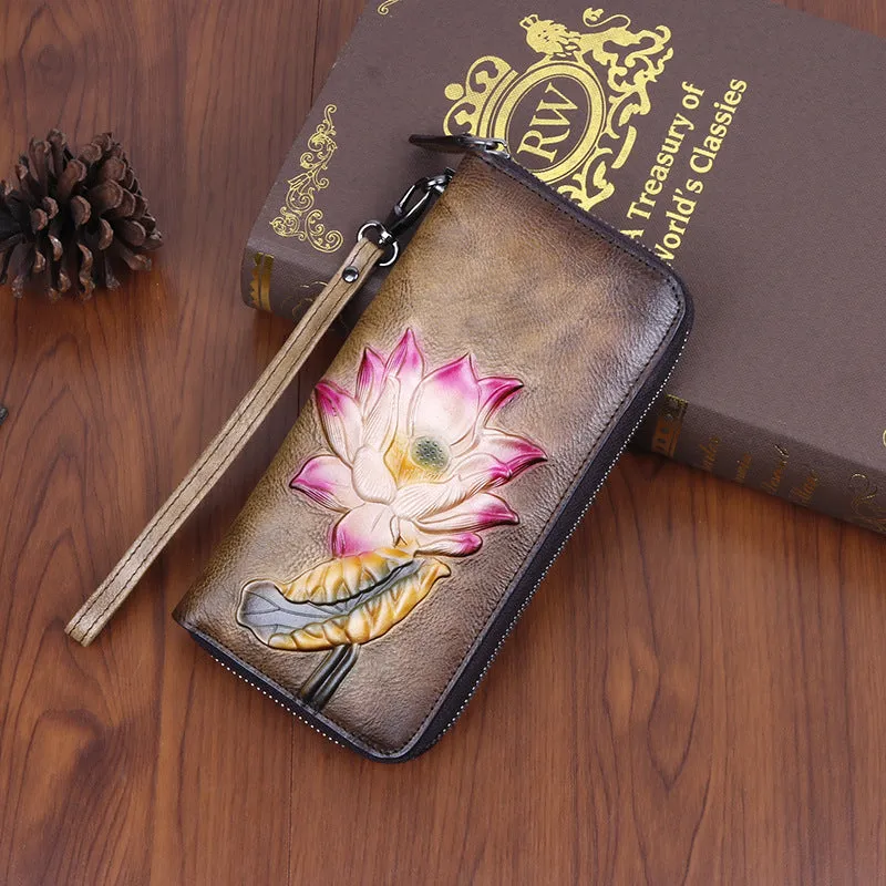 Womens Lotus Flower Green Leather Wristlet Wallets Zip Around Wallet Flower Ladies Zipper Clutch Wallet for Women