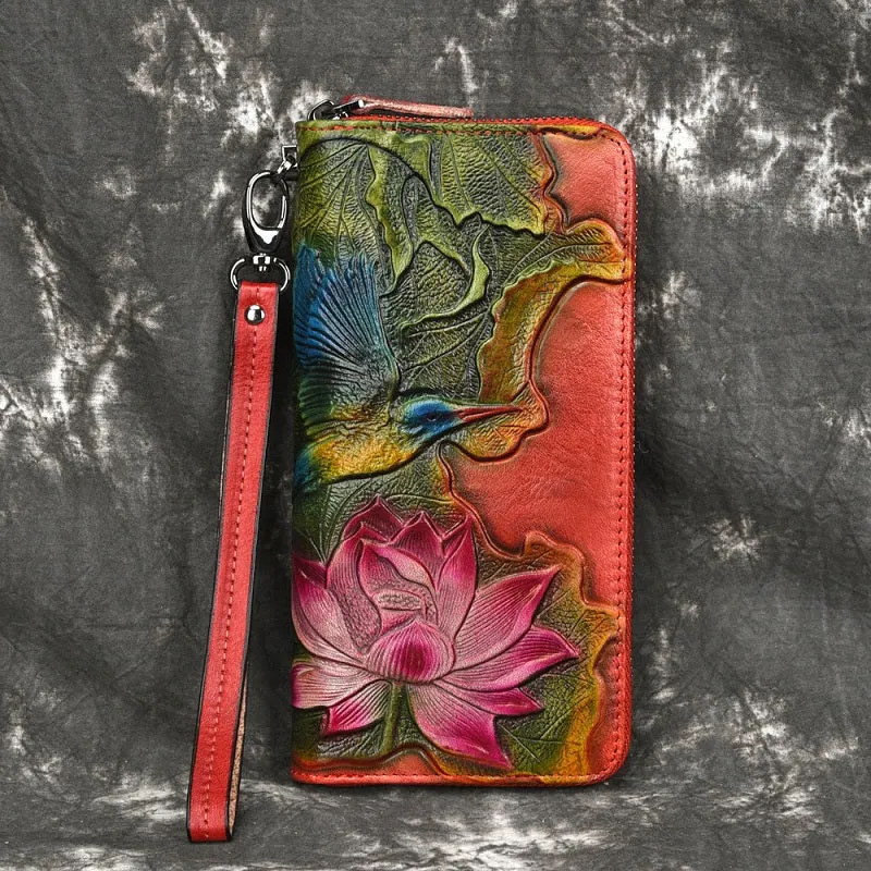 Womens Lotus Flower&Hummingbird Black Leather Zip Around Wallet Wristlet Wallet Flower Ladies Zipper Clutch Wallet for Women