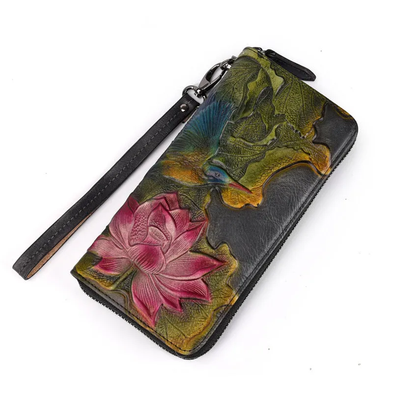 Womens Lotus Flower&Hummingbird Black Leather Zip Around Wallet Wristlet Wallet Flower Ladies Zipper Clutch Wallet for Women