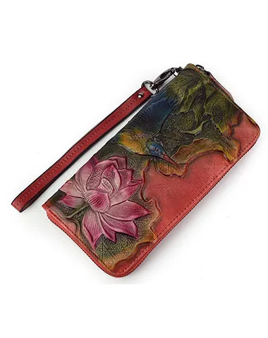 Womens Lotus Flower&Hummingbird Black Leather Zip Around Wallet Wristlet Wallet Flower Ladies Zipper Clutch Wallet for Women