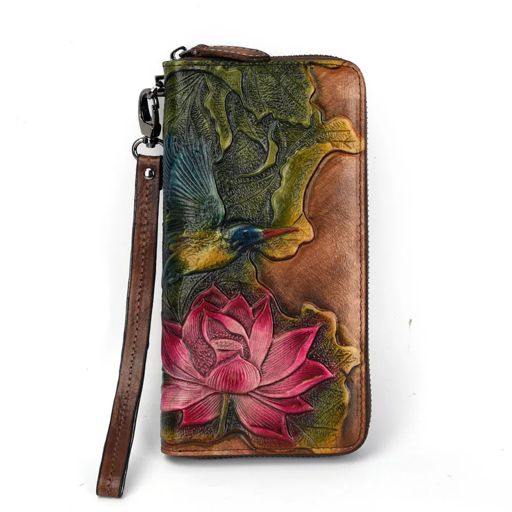 Womens Lotus Flower&Hummingbird Black Leather Zip Around Wallet Wristlet Wallet Flower Ladies Zipper Clutch Wallet for Women