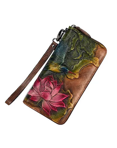 Womens Lotus Flower&Hummingbird Black Leather Zip Around Wallet Wristlet Wallet Flower Ladies Zipper Clutch Wallet for Women