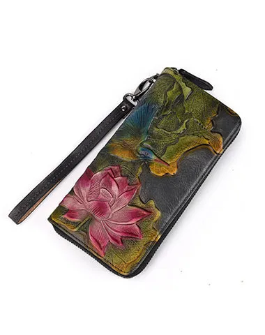 Womens Lotus Flower&Hummingbird Black Leather Zip Around Wallet Wristlet Wallet Flower Ladies Zipper Clutch Wallet for Women