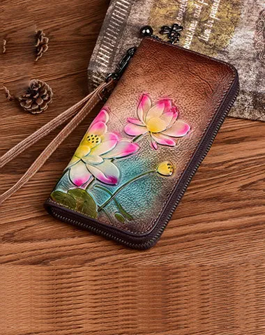 Womens Lotus Flowers Gray Leather Wristlet Wallets Zip Around Wallet Flowers Ladies Zipper Clutch Wallet for Women