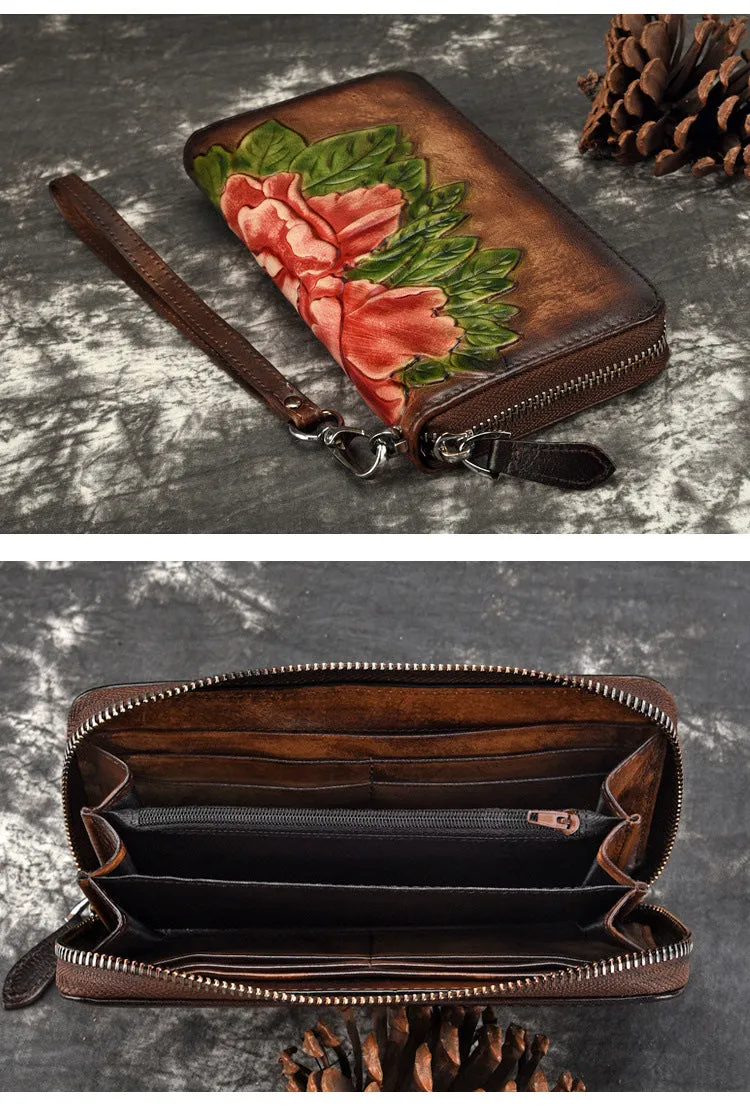 Womens Peony Flower Brown Leather Wristlet Wallet Zip Around Wallets Floral Ladies Zipper Clutch Wallet for Women