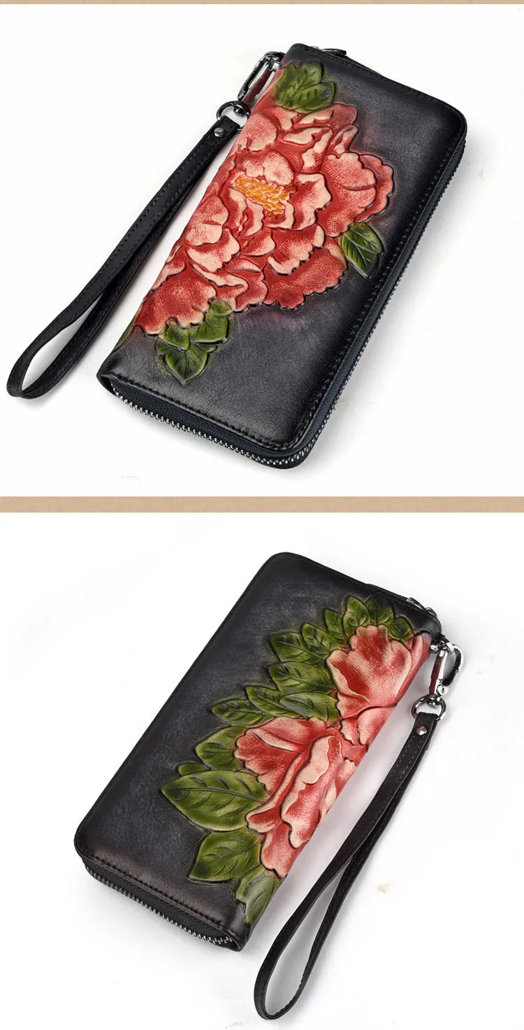 Womens Peony Flower Brown Leather Wristlet Wallet Zip Around Wallets Floral Ladies Zipper Clutch Wallet for Women