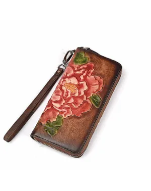 Womens Peony Flower Brown Leather Wristlet Wallet Zip Around Wallets Floral Ladies Zipper Clutch Wallet for Women