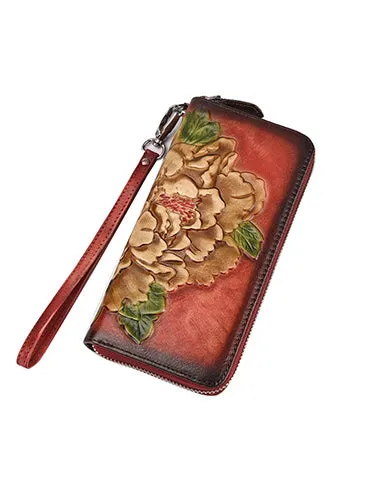 Womens Peony Flower Brown Leather Wristlet Wallet Zip Around Wallets Floral Ladies Zipper Clutch Wallet for Women