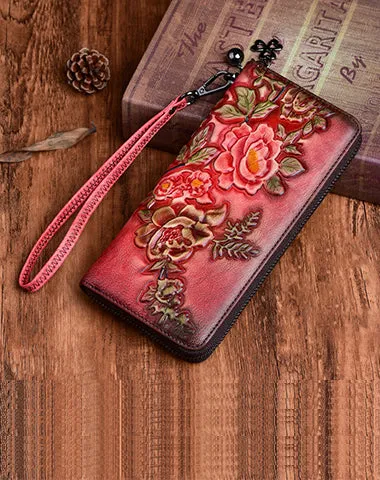 Womens Peony Flower Brown Leather Zip Around Wallet Wristlet Wallet Floral Ladies Zipper Clutch Wallet for Women