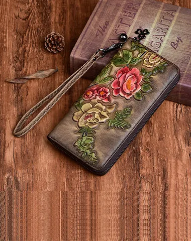 Womens Peony Flower Brown Leather Zip Around Wallet Wristlet Wallet Floral Ladies Zipper Clutch Wallet for Women