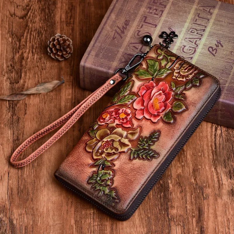 Womens Peony Flower Brown Leather Zip Around Wallet Wristlet Wallet Floral Ladies Zipper Clutch Wallet for Women