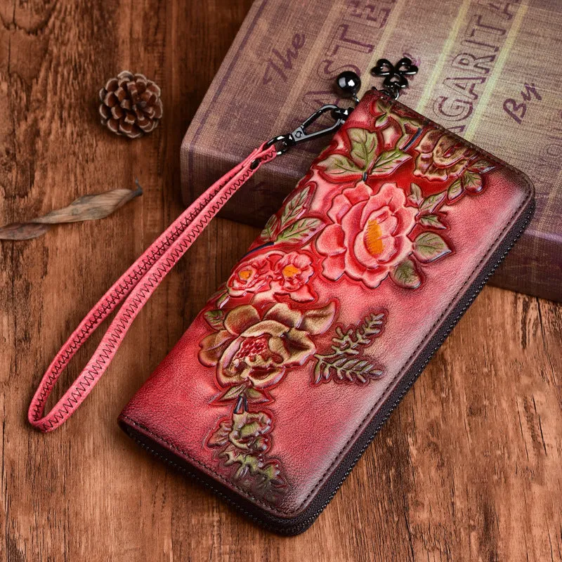 Womens Peony Flower Brown Leather Zip Around Wallet Wristlet Wallet Floral Ladies Zipper Clutch Wallet for Women