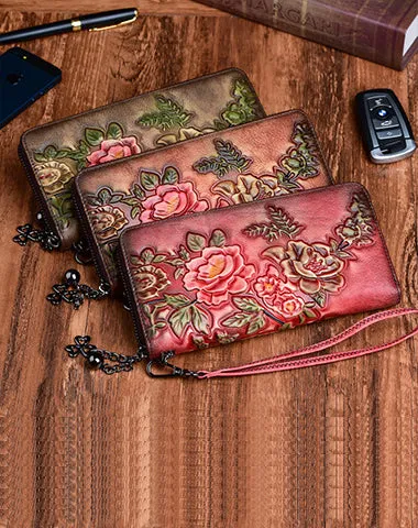 Womens Peony Flower Brown Leather Zip Around Wallet Wristlet Wallet Floral Ladies Zipper Clutch Wallet for Women