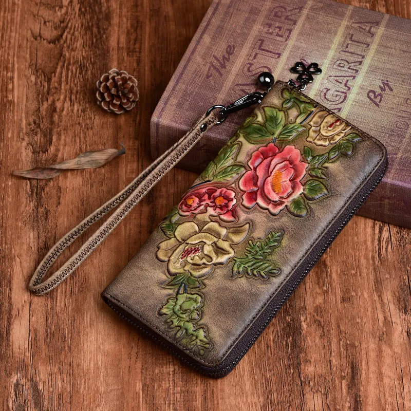Womens Peony Flower Brown Leather Zip Around Wallet Wristlet Wallet Floral Ladies Zipper Clutch Wallet for Women