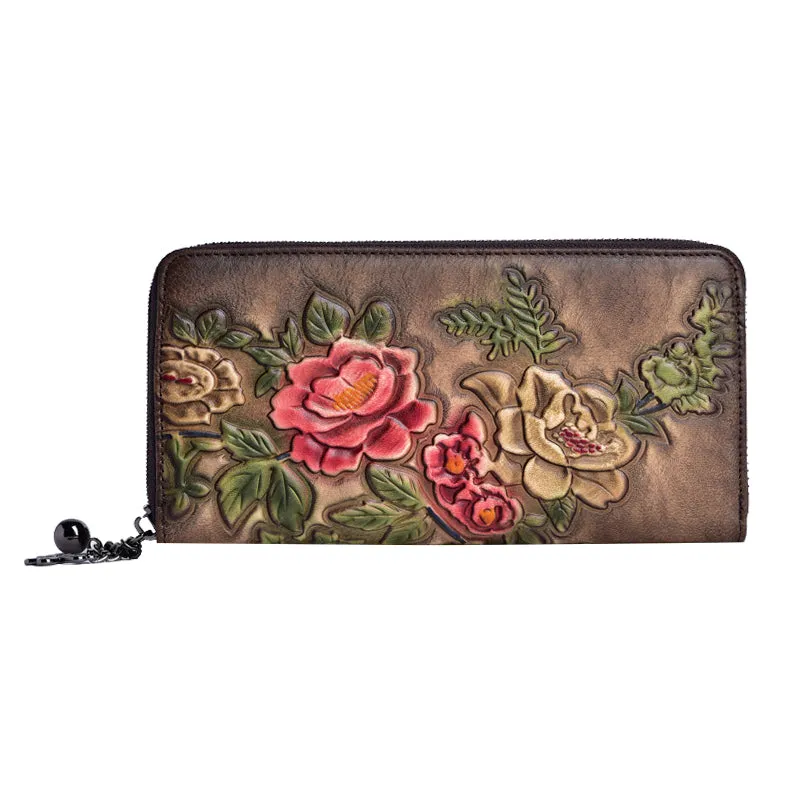 Womens Peony Flower Brown Leather Zip Around Wallet Wristlet Wallet Floral Ladies Zipper Clutch Wallet for Women