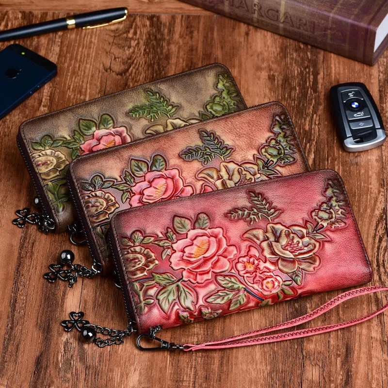 Womens Peony Flower Brown Leather Zip Around Wallet Wristlet Wallet Floral Ladies Zipper Clutch Wallet for Women