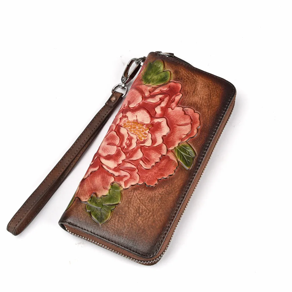 Womens Peony Flower Leather Wristlet Wallet Zip Around Wallets Floral Ladies Zipper Clutch Wallet for Women