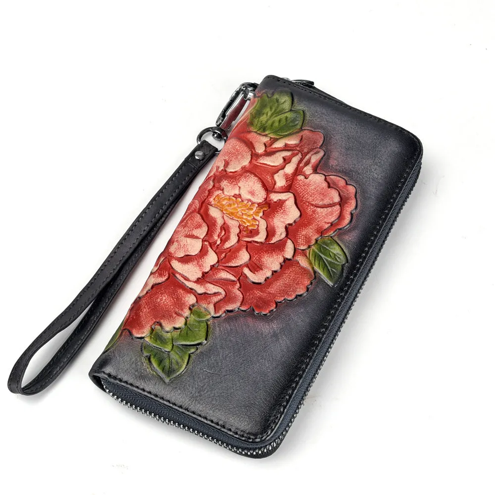 Womens Peony Flower Leather Wristlet Wallet Zip Around Wallets Floral Ladies Zipper Clutch Wallet for Women