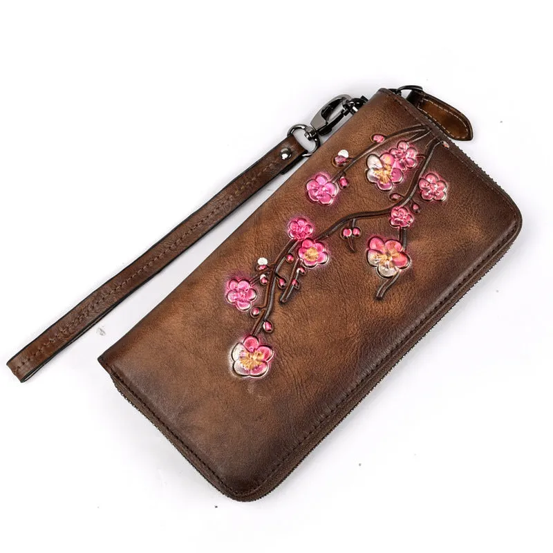 Womens Plum Blossom Flower Brown Leather Zip Around Wallet Wristlet Wallet Flower Ladies Zipper Clutch Wallet for Women