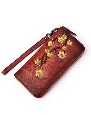 Womens Plum Blossom Flower Brown Leather Zip Around Wallet Wristlet Wallet Flower Ladies Zipper Clutch Wallet for Women