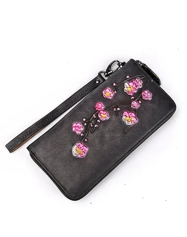 Womens Plum Blossom Flower Brown Leather Zip Around Wallet Wristlet Wallet Flower Ladies Zipper Clutch Wallet for Women