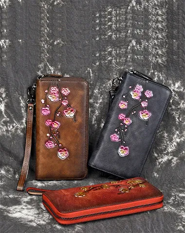 Womens Plum Blossom Flower Brown Leather Zip Around Wallet Wristlet Wallet Flower Ladies Zipper Clutch Wallet for Women