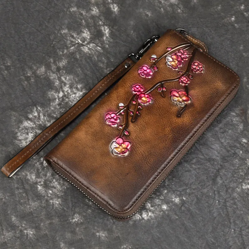 Womens Plum Blossom Flower Brown Leather Zip Around Wallet Wristlet Wallet Flower Ladies Zipper Clutch Wallet for Women