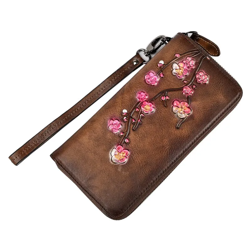 Womens Plum Blossom Flower Brown Leather Zip Around Wallet Wristlet Wallet Flower Ladies Zipper Clutch Wallet for Women