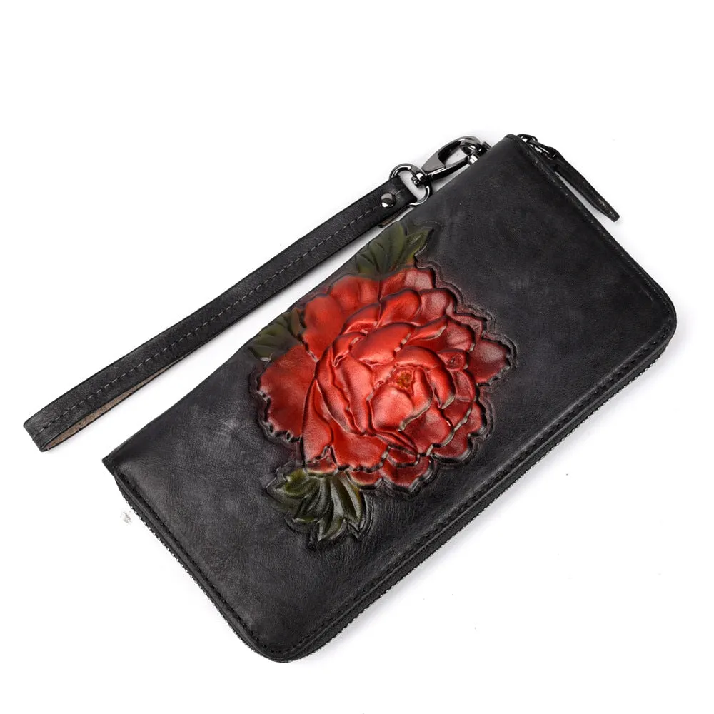 Womens Red Leather Zip Around Wallet Peony Flower Wristlet Wallet Floral Ladies Zipper Clutch Wallet for Women