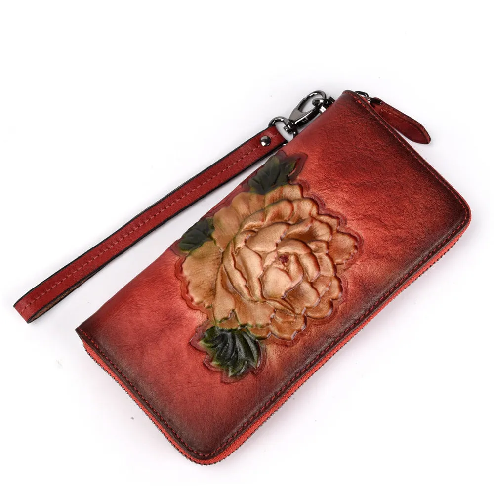 Womens Red Leather Zip Around Wallet Peony Flower Wristlet Wallet Floral Ladies Zipper Clutch Wallet for Women