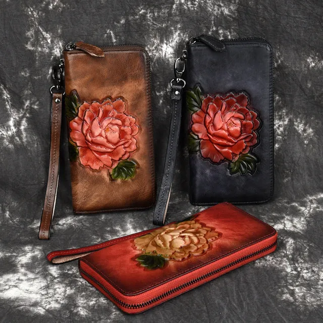 Womens Red Leather Zip Around Wallet Peony Flower Wristlet Wallet Floral Ladies Zipper Clutch Wallet for Women