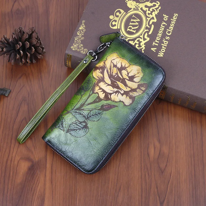 Womens Rose Flower Brown Leather Wristlet Wallets Zip Around Wallet Flower Ladies Zipper Clutch Wallet for Women