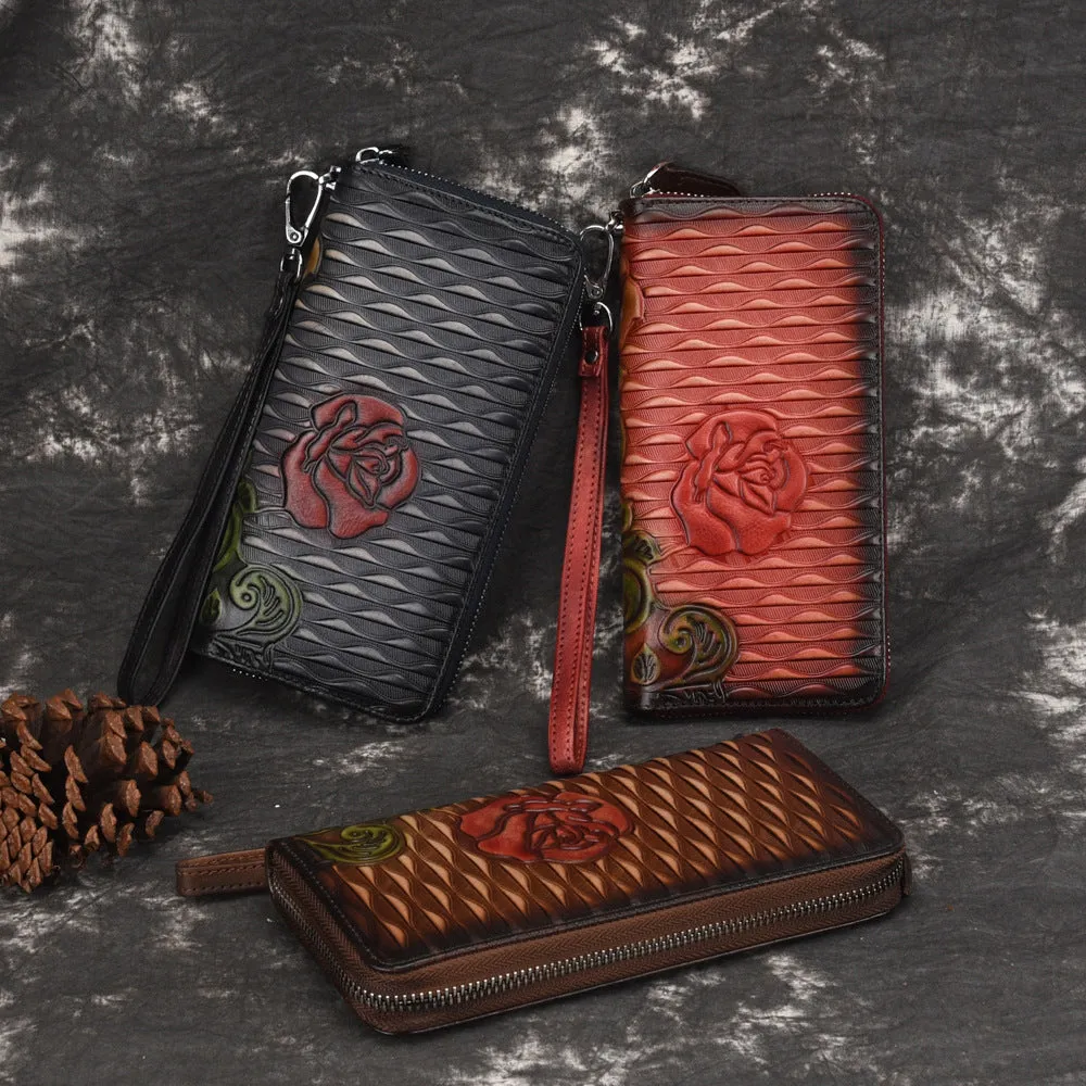 Womens Rose Flower Brown Leather Zip Around Wallet Wristlet Wallet Flower Ladies Zipper Clutch Wallet for Women