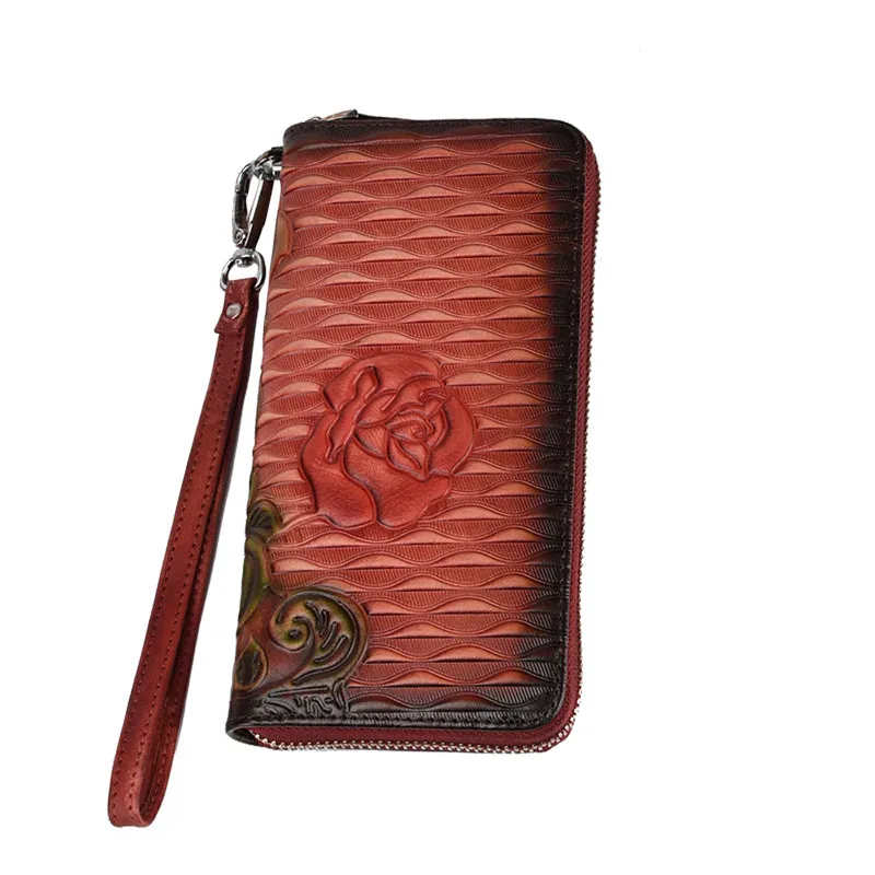 Womens Rose Flower Brown Leather Zip Around Wallet Wristlet Wallet Flower Ladies Zipper Clutch Wallet for Women