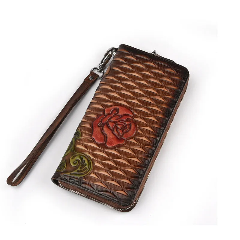 Womens Rose Flower Brown Leather Zip Around Wallet Wristlet Wallet Flower Ladies Zipper Clutch Wallet for Women