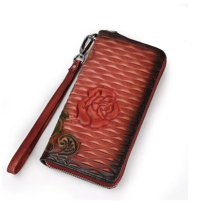 Womens Rose Flower Brown Leather Zip Around Wallet Wristlet Wallet Flower Ladies Zipper Clutch Wallet for Women