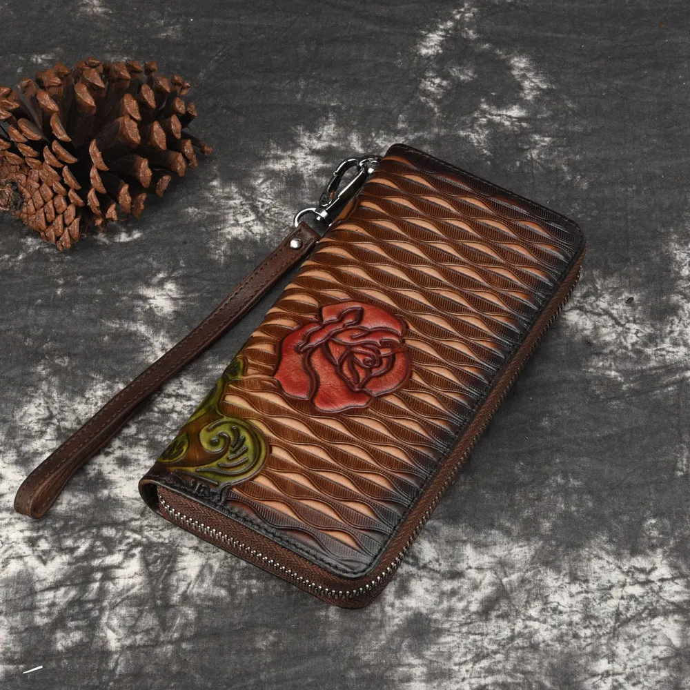 Womens Rose Flower Brown Leather Zip Around Wallet Wristlet Wallet Flower Ladies Zipper Clutch Wallet for Women