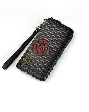 Womens Rose Flower Brown Leather Zip Around Wallet Wristlet Wallet Flower Ladies Zipper Clutch Wallet for Women