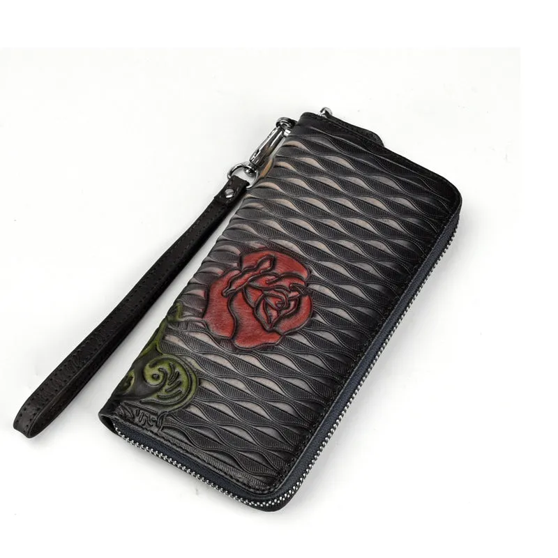 Womens Rose Flower Brown Leather Zip Around Wallet Wristlet Wallet Flower Ladies Zipper Clutch Wallet for Women