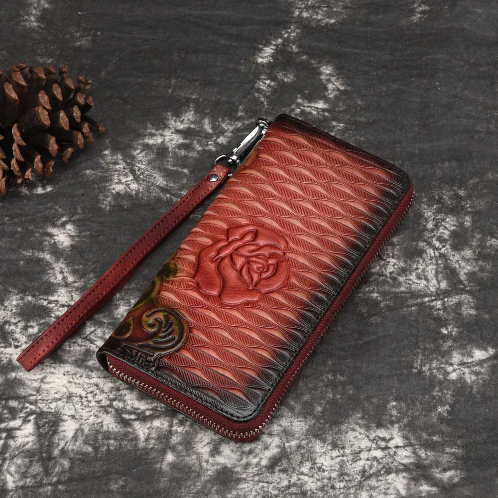 Womens Rose Flower Brown Leather Zip Around Wallet Wristlet Wallet Flower Ladies Zipper Clutch Wallet for Women