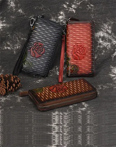 Womens Rose Flower Brown Leather Zip Around Wallet Wristlet Wallet Flower Ladies Zipper Clutch Wallet for Women
