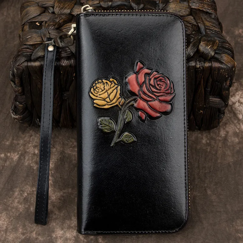 Womens Rose Flowers Coffee Leather Wristlet Wallets Zip Around Wallet Flowers Ladies Zipper Clutch Wallet for Women